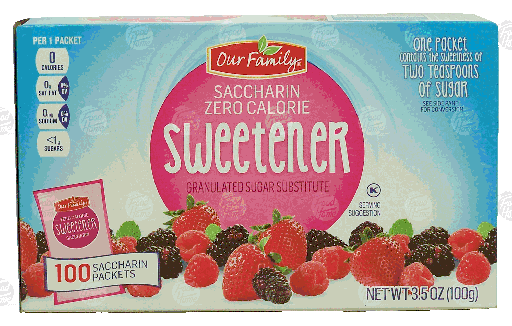 Our Family  sweetener, saccharin, zero calorie, granulated sugar substitute, 100-packets Full-Size Picture